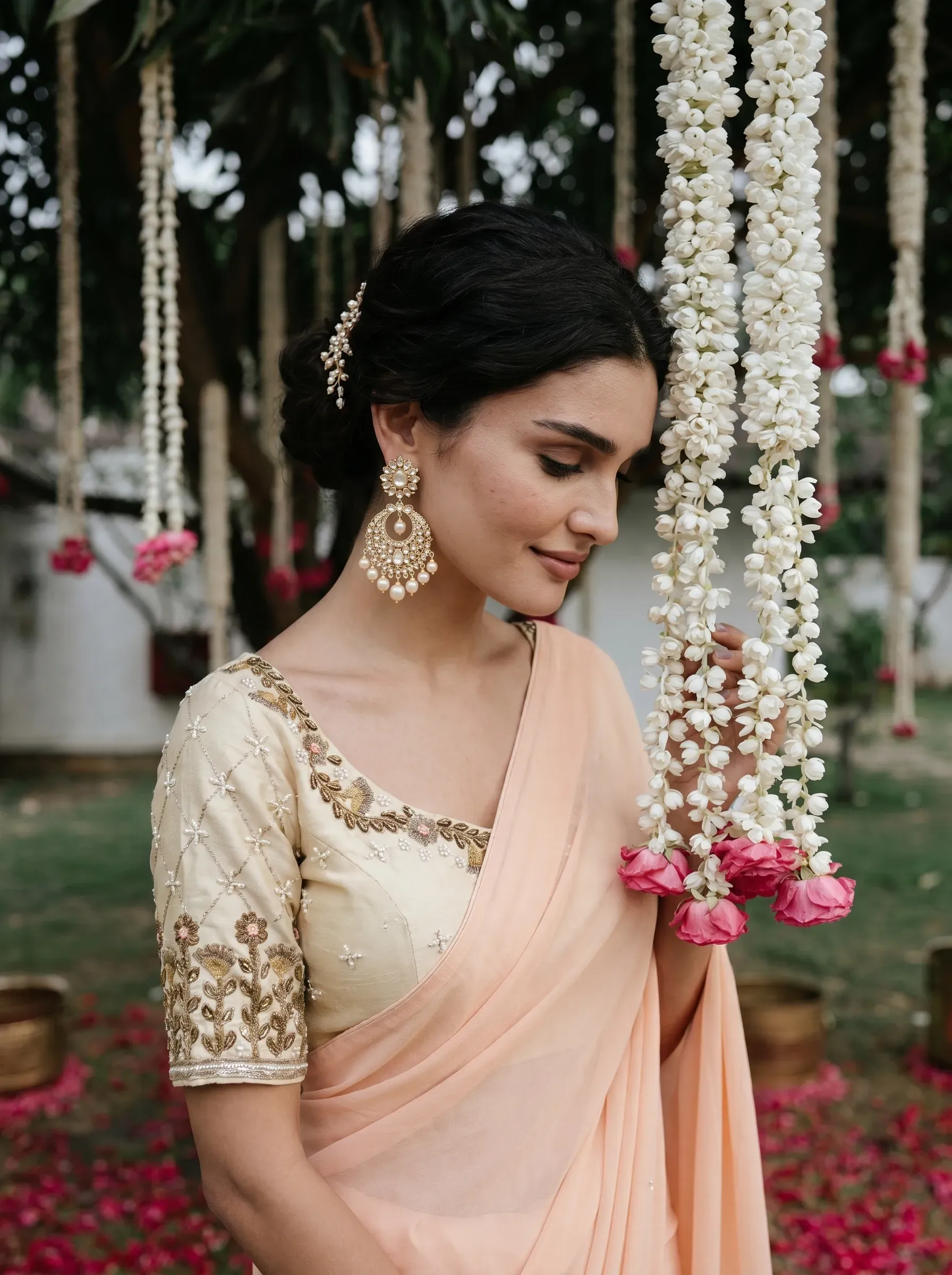 Lotus and paisley motifs hand-painted onto ethnic wear fabric